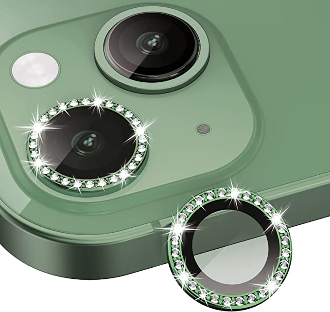 Xfilm Bling Diamond Camera Lens Protector for iPhone 13 / iPhone 13 Mini, HD Clear Tempered Glass Camera Lens Screen Protection Cover, Case Friendly, Scratch Proof (Diamond Alpine Green)