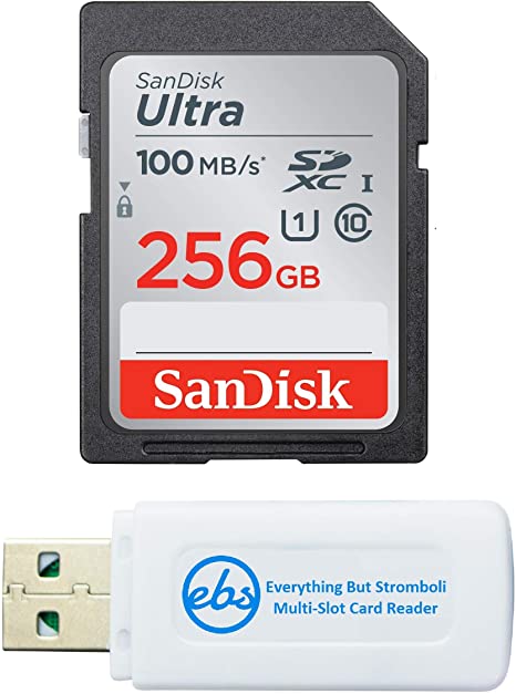 SanDisk 256GB SD Ultra Memory Card for Canon Powershot Camera Works with SX720 HS, SX730 HS, SX740 HS (SDSDUNR-256G-GN6IN) Bundle with (1) Everything But Stromboli SDXC & Micro Card Reader