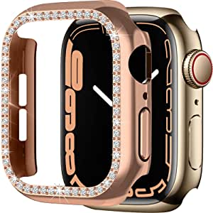 Miimall Compatible with Apple Watch 45mm Bling Case Cover Apple Watch Series 7 Crystal Diamonds Shockproof Protective Cover PC Electroplating Bumper Frame Case for Apple Watch 7 45mm Woman(Rose Gold)