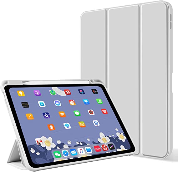 Aoub Case for iPad Pro 12.9 5th Generation, Auto Sleep/Wake Slim Lightweight Trifold Stand Smart Cover, Soft Silicone Back Case with Pencil Holder for iPad Pro 2021 12.9 inch, Gray
