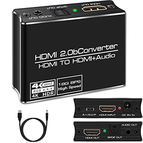 Microware 4K HDMI 2.0 Audio Extractor 4K 60Hz YUV 4:4:4 HDR HDMI Splitter Audio Converter 4K HDMI to Optical TOSLINK SPDIF 5.1, 3D Compatible (Black)