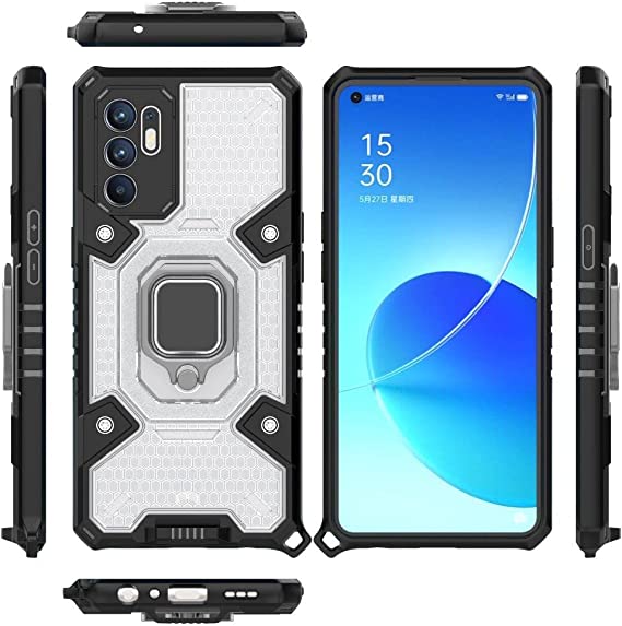 Compatible Case for Oppo Reno 6 4G, Space Capsule Pattern Anti-Slip Protective, Ultra Shock Absorption, Kickstand Ring, with Lanyard. Cover for Oppo Reno 6 4G - Translucent/Black