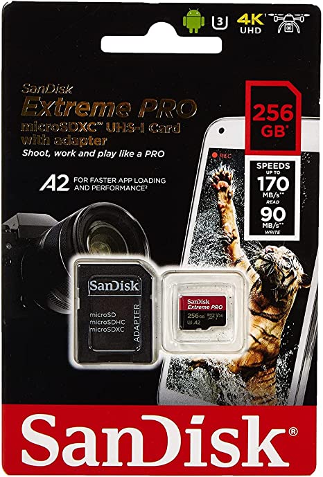 256GB memory card 170MB/s (U3) Extreme Pro MicroSDXC UHS-I U3 A2 V30 with Full-Size Adapter from SanDisk for Huawei, Oppo, Android, Laptops, Cameras, Dell, Lenovo, HP, Microsoft surface and more