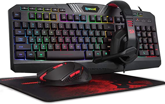 Backlit Gaming Mouse, Gaming Keyboard, Large Gaming Mouse Pad, PC Computer Gaming Headset with Microphone Combo, S101-BA Redragon RGB LED Backlit 104 Key Gaming Keyboard with Wrist Rest