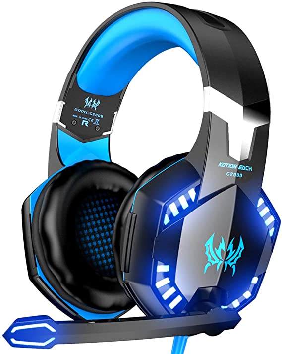 Gaming Headset - With Mic, Volume Control and Cool LED Lights - Compatible with PC, Laptop G2000 (Blue)