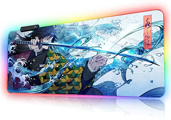 RGB Large Gaming Mouse Pad Anime Giyu Sword,Laptop Desk Pad,Mousepad with Stitched Edge Frame & Non-Slip Rubber Base,Computer Keyboard and Mice Pads Mouse Mat 31.5X15.7