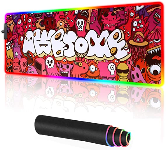 RGB Gaming Mouse pad Large Anime Graffiti Non-Slip Rubber Base Mice Keyboard Mat (Red)