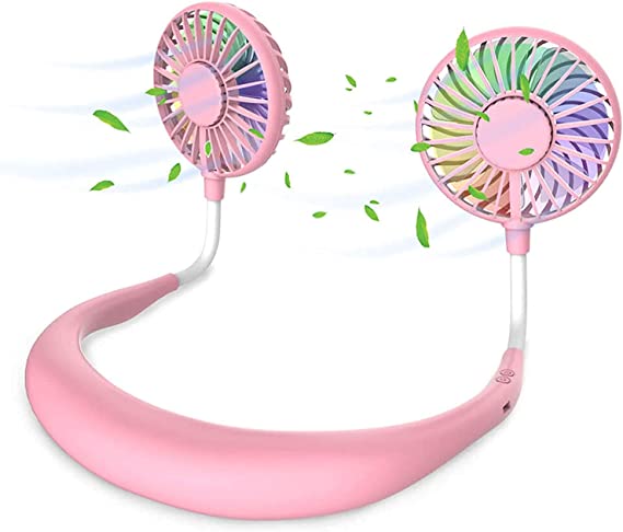 Hands Free Portable Neck Fan - Rechargeable Mini USB Personal Fan Battery Operated with 3 Level Air Flow, 7 LED lights for Home Office Travel Indoor Outdoor (Pink)