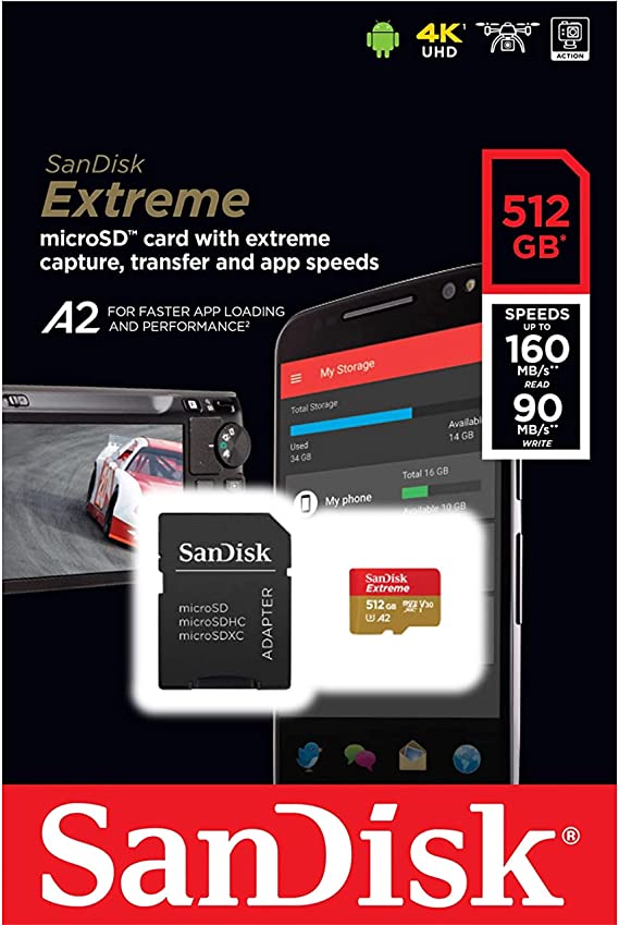 512GB memory card 160MB/s (U3) Extreme MicroSDXC UHS-I U3 A2 V30 with Full-Size Adapter from SanDisk for Huawei, Oppo, Android, Laptops, Cameras, Dell, Lenovo, HP, Microsoft surface and more