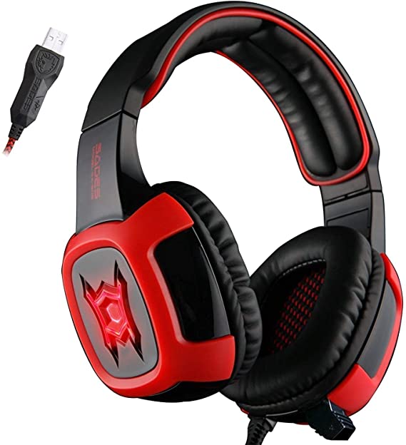 SADES SA906 7.1 USB Surround Sound Stereo Over-the-Ear Gaming Headsets with Microphone Vibration LED Light for PC gamers (Red-Black)