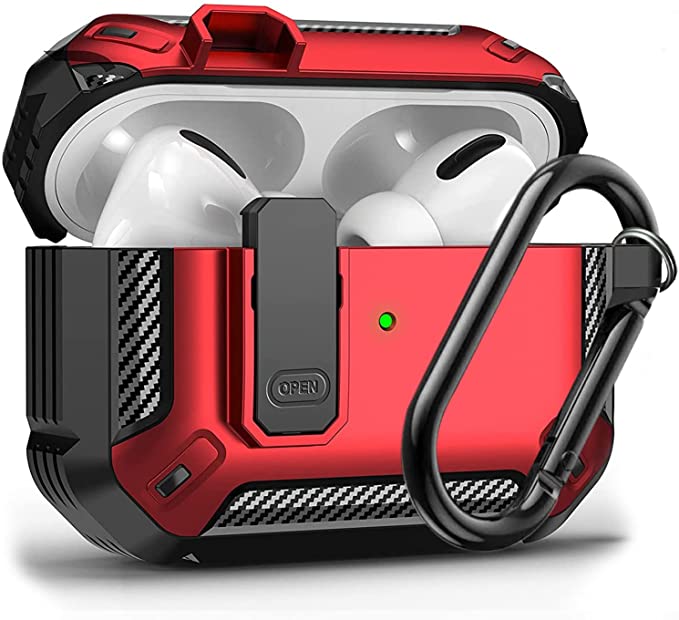 Olytop Case for Airpods Pro Case Cover with Lock Lid, Protective Cover for Airpod Pro Case for Men Women, Military Hard Rugged Shockproof Shell for Air Pods Pro Charging Case (Black/Red)