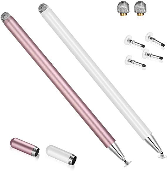 Stylus Pens for iPad, Touch Screens Stylus Pencils High Sensitivity Disc & Fiber Tip Universal Stylus with Magnetic Cap Compatible with iPad, iPhone, Android, Microsoft Tablets(White/Rose Gold)