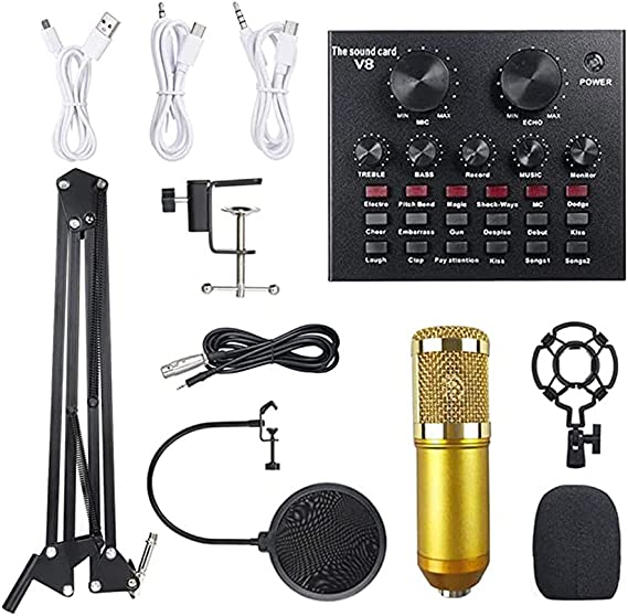 Podcast Equipment Bundle, Condenser Microphone Bundle with V8 Live Sound Card for Live Streaming, Singing, YouTube, Gaming, BM 800 Condenser Microphone Kit with Cardioid Design for Game