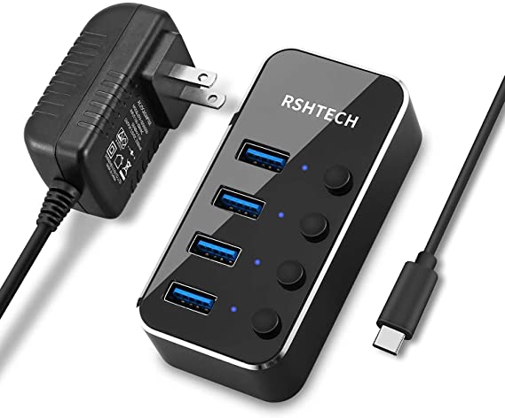 Powered USB hub RSHTECH 4 Port USB C to USB 3.0 Port Hub Expander Aluminum Portable USB 3.0 hub Splitter with 5V AC Adapter and Individual On/Off Switches (RSH-516-C)