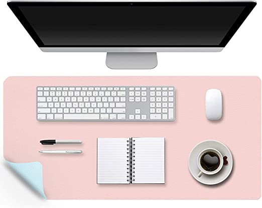 RASTVI Leather Desk Pad, Desk Blotter Protector Cover Large Mouse Pad, Ultra Thin Waterproof Dual-Sided Easy Clean Desk Writing Mats for Office/Home/Computer (Pack of 1) (60 x 30 cm, Pink + Sky Blue)
