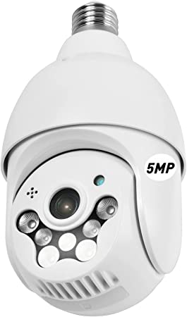 Light Bulb Security Camera,5MP 8X Zoom E27 Panoramic Home Surveillance 2.4Ghz WiFi IP Camera with PTZ Color Night Vision, Two -Way Audio, Motion Detection Alarm, 24/7 Recording (White)