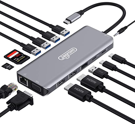 Jagrom USB C Docking Station, 14 in 1 USB C Dock with 2 HDMI & VGA, PD3.0, Ethernet, SD TF Card Reader, USB Ports, Mic/Audio, Type C Hub Adapter Dongle Compatible for MacBook Air Pro and More Laptops