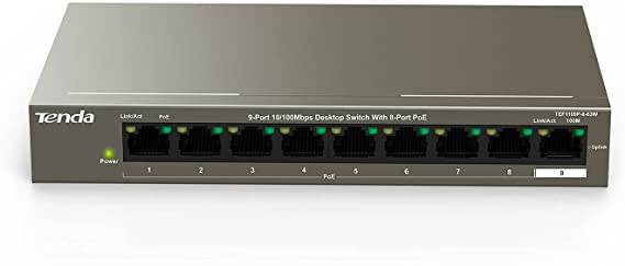 Tenda TEF1109P | 9-Port 10/100 Mbps Fast Unmanaged Ethernet Network Switch|8 PoE Ports@63W | Desktop | Plug & Play | Fanless Metal Design | Shielded Ports | Easy Smart | Limited Lifetime Protection