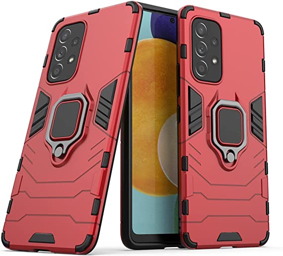 Compatible with Samsung Galaxy A53 5G Case, Metal Ring Grip Kickstand Shockproof Hard Bumper (Works with Magnetic Car Mount) Dual Layer Rugged Cover (Red)