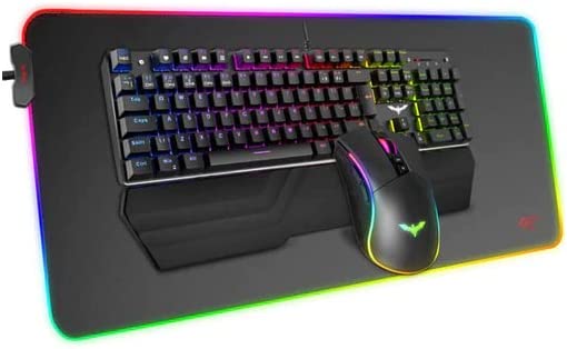 Havit Mechanical Keyboard and Mouse Combo RGB Gaming 104 Keys Blue Switches Wired USB Keyboards , Detachable Wrist Rest, Programmable Mouse, RGB Large Gaming Mouse Pad for PC Gamer Computer