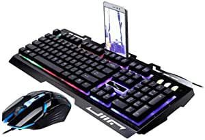 Gaming Keyboard and Mouse Combo,Rainbow Breathing LED Backlit Keyboard and Mouse Set,Mobile Phone Holder,104 Keys Inspired Mechanical Gaming Keyboard for PC/Mac/Gamer/Typ (Black)