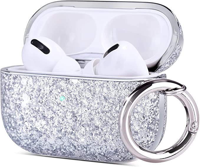 ULAK Glitter Designed Compatible with AirPods Pro Case, Luxury Bling Leather with Mirror Surface Plating Hard Cover Shockproof Protective with Keychain for AirPod Pro 2019 (LED Visible),Silver