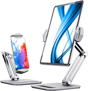 Tablet Holder for iPad iPhone Samsung Vivo Oppo Kindle Others 4 -13 Inches Aluminium Long Arm Adjustable 360° Foldable Suitable for Office Kitchen (White)