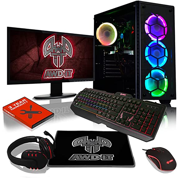 ADMI Gaming PC Package: Ryzen 3200G 4.0Ghz Quad Core, 8GB Ram, GTX 1050Ti 4GB with 22 Inch LED Monitor, 7 Colour Illuminated Keyboard, Mouse, Mat & Headset, 300mbps Wifi