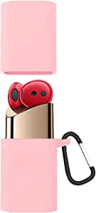 Silicone Cover Case Compatible with HUAWEI FreeBuds Lipstick Portable Protective Case Cover With Hook (Pink Sand)