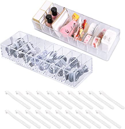 Cable Storage Box, Clear Desk Organizer Box, Transparent Acrylic Storage Organizers for Office Supplies with 8 Cells and 20 Reusable Velcros Applicable To Store Electronics, Stationery, Tie ( 2 Pack)