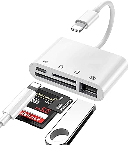 SD TF Card Reader Adapter for iPhone/iPad,4 in 1 USB OTG Camera Connection Kits Adapter with SD TF Card Reader and Charge Adapter Compatible for iPhone/iPad,Support Newest iOS 14-White