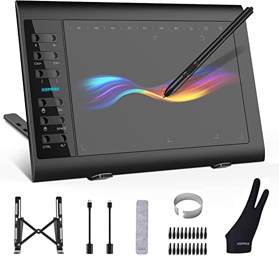 XOPPOX Graphics Drawing Tablet 10 x 6 Inch Large Active Area with 8192 Levels Battery-Free Pen and 12 Hot Keys, Compatible with PC/Mac/Android OS for Painting, Design & Online Teaching