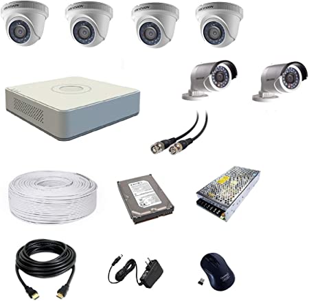 HikVision 2 mp camera Combo of 8 CH HD DVR 2 Bullet Cameras 4 Dome Cameras 1 TB Hard Disk Wire Roll and All Connectors (White)