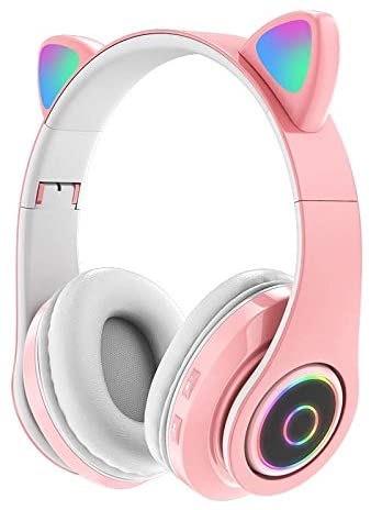 Wireless Bluetooth Cat Ear Headphones with Mic 7 Colors LED Light Flashing Glowing On-Ear Stereo Headset Compatible with Smartphones PC Tablet (Pink)