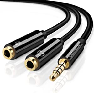 UGREEN Headset Splitter Headphone Mic Y Adapter Cable 3.5mm Audio Male to Separate Stereo Aux Female Jack - Black