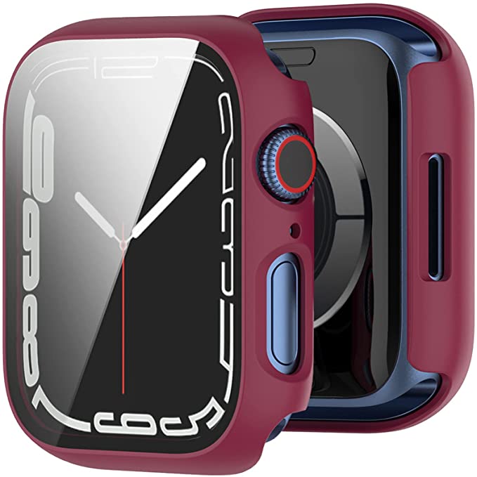 NINKI Compatible Apple Watch 7 Case 45mm,Wine Red Solid PC Matte iWatch Series 7 Case with Screen Protector Smooth Protective Bumper Accessories Case for Apple Watch Series 7 45mm Case Women