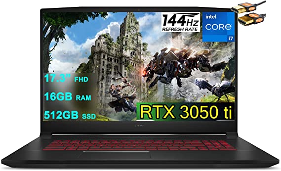 MSI Katana GF76 17 Gaming Laptop 17.3” FHD IPS 144Hz Display 11th Gen Intel 8-Core i7-11800H 16GB RAM 512GB SSD GeForce RTX 3050 Ti 4GB Backlit USB-C Nahimic Win10 Black + HDMI Cable