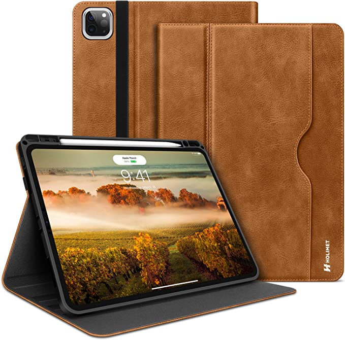 HOLIMET iPad Pro 11 inch Case 2021 3rd/2nd/1st Generation Case 2020/2018 with Pencil Holder PU Leather Protective Case Cover with Pocket Strap Soft TPU Back Shockproof for iPad Pro 11