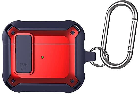 Airpod 3rd Generation Case 2021 Secure Lock Clip Case Apple AirPod 3 Case Cover Military Armor Series Full-Body Rugged Hard Shell for Men Women with Keychain Carabiner,Wireless Charging (Navy & Red)