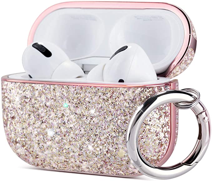 ULAK AirPods Pro Case, Glitter Leather Airpod Pro Cover with Mirror Surface Plating, Shockproof Protective AirPod Pro Accessories with Keychain for AirPod Pro Charging Case(LED Visible), Pink Glitter