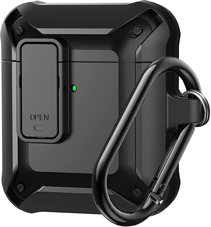 Airpods Case Cover [Secure Lock], Olytop Military Armor Full-Body Rugged Cool Air Pod Pro Protective Case Men Shockproof Skin iPods Cover Women with Carabiner for Apple Airpods 2/1 Cases - Black