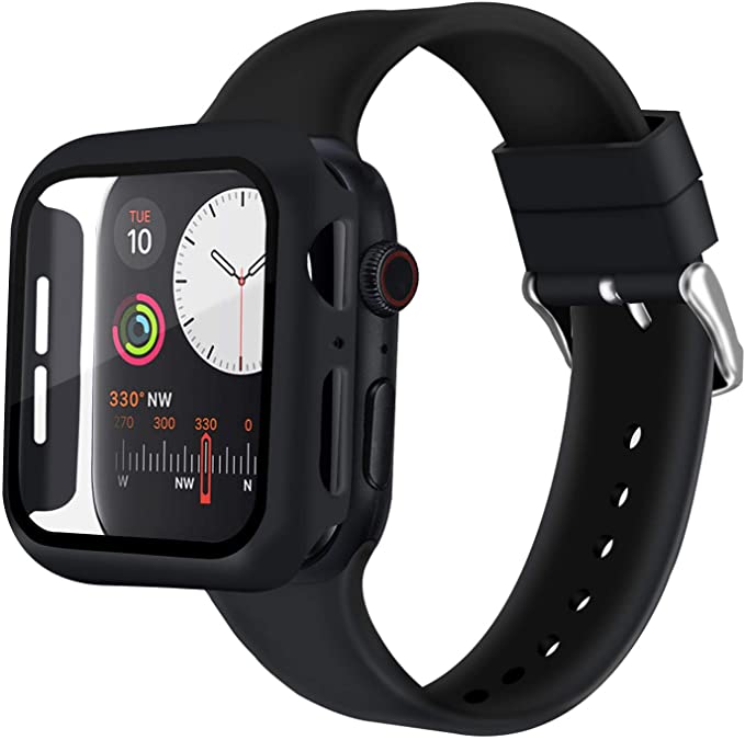 Sport Band Compatible with Apple Watch Series 6 5 4 SE 44mm with Built in Tempered Glass Screen Protector- All Around Hard PC Case Overall Protective Cover （Black)