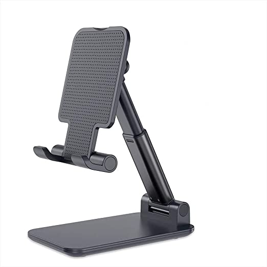 Cell Phone Stand, Foldable Portable Desktop Stand Adjustable Height and Angle Phone Holder for Desk Sturdy Aluminum Metal Stand Compatible with Smartphone/iPad/Kindle/Tablet
