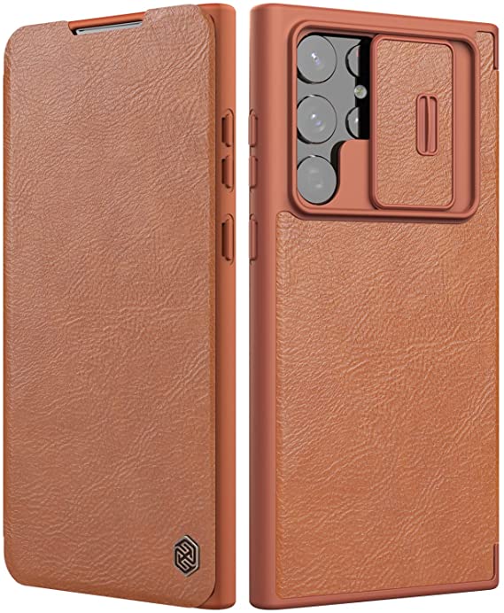 Nillkin for Samsung Galaxy S22 Ultra Case with Camera Cover and Card Holder, PU Leather Case with Flip Cover and Slide Camera Protection, Durable Shockproof Cover - Brown