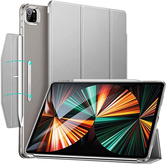 ESR Case Compatible with iPad Pro 12.9 Inch 2021 (5th Generation, 5G), Translucent Stand Case with Clasp, Trifold Smart Case, Auto Sleep and Wake, Support Pencil 2, Ascend Series, Grey