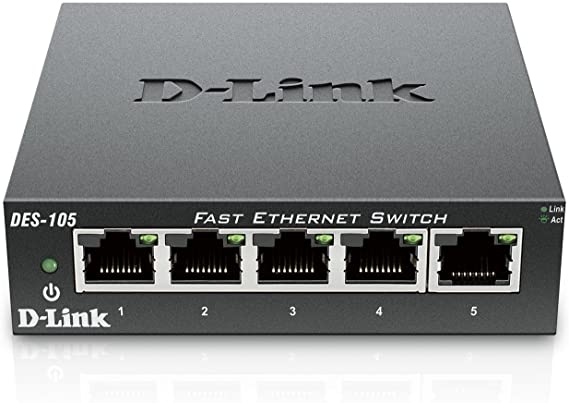 D-Link Fast Ethernet Switch, 5 Port Unmanaged 10/100 Metal Fanless Desktop or Wall Mount Design (DES-105)