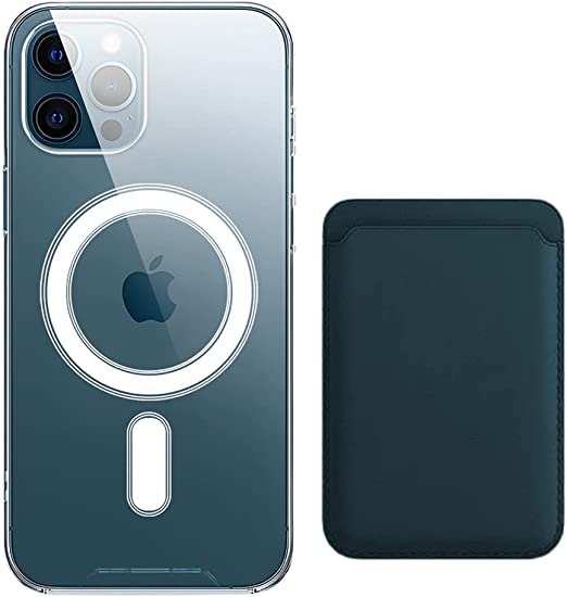 [Bundle] Magnetic Clear for iPhone 13 Pro Case [1x Magnetic Green Leather Wallet Card Holder][Yellow Resistant & MIL-Grade Drop d] Compatible with MagSafe Slim Cover 6.1 Inch