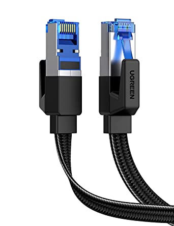 UGREEN Cat 8 Ethernet Cable 50FT, Flat High Speed 40Gbps 2000Mhz Internet Cable 26AWG Braided Network Cord RJ45 Shielded Indoor LAN Cables Compatible for Gaming PC PS5 Xbox Modem Router 50FT