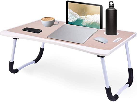 Laptop Desk, Foldable Laptop Bed Table, Portable Bed Tray Table Notebook Stand with Foldable Legs & USB/Cup Slot for Eating Breakfast, Reading, Watching Movie, and Children Studying (Beige Drawer)