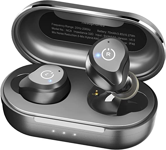 TOZO NC9 Hybrid Active Noise Cancelling Wireless Earbuds, ANC in Ear Headphones IPX6 Waterproof Bluetooth 5.0 Stereo Earphones, Immersive Sound Premium Deep Bass Headset,Black